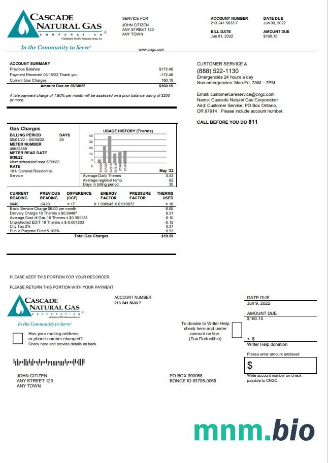 USA Cascade Natural gas rachunek za media, Word i PDF template
